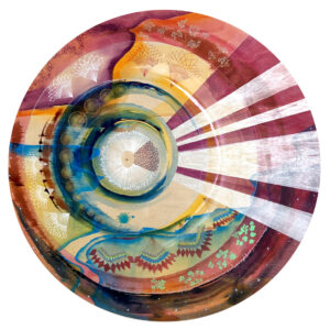Photo of large round abstract painting on wood disc